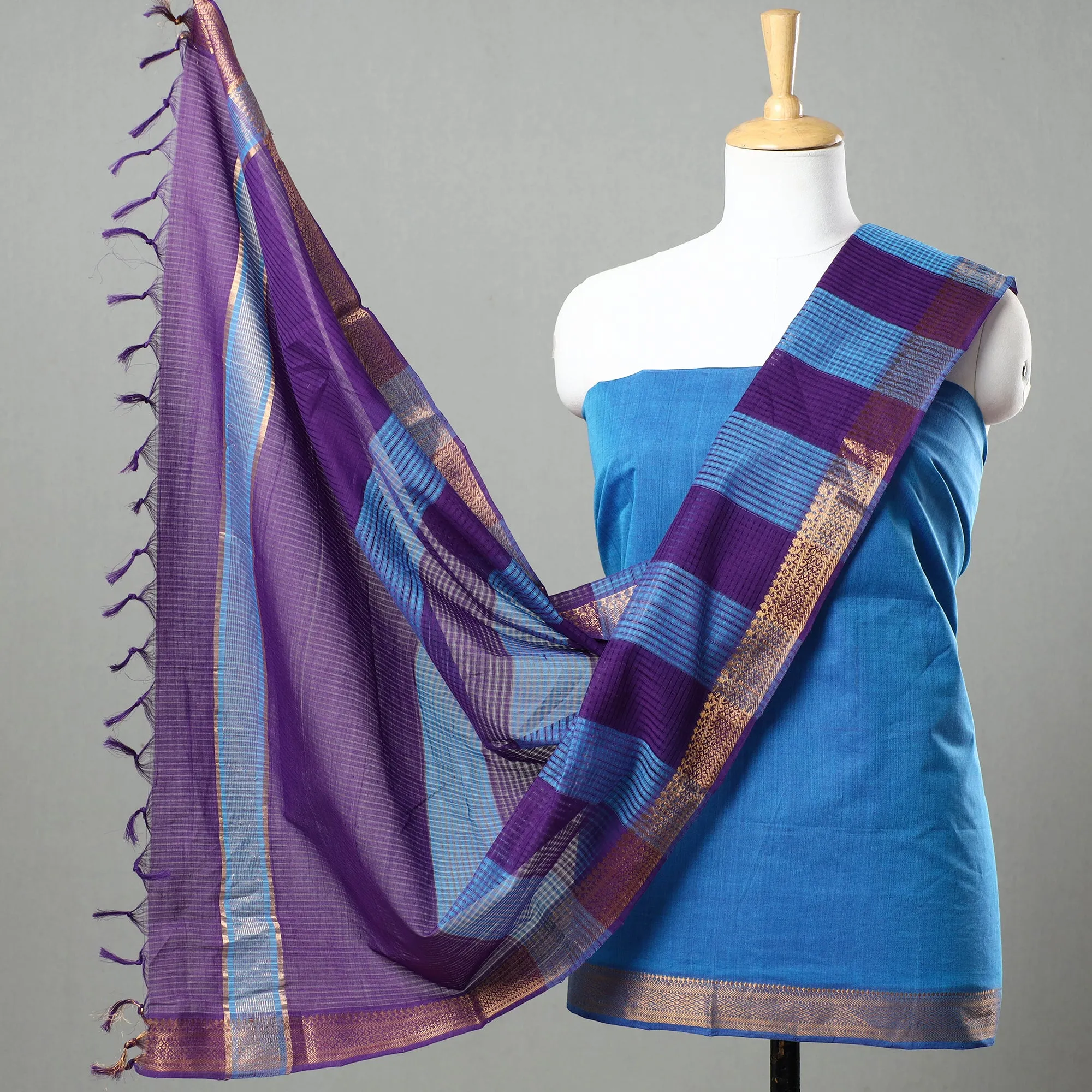 3pc Mangalagiri Handloom Cotton Suit Material Set with Zari Border 29