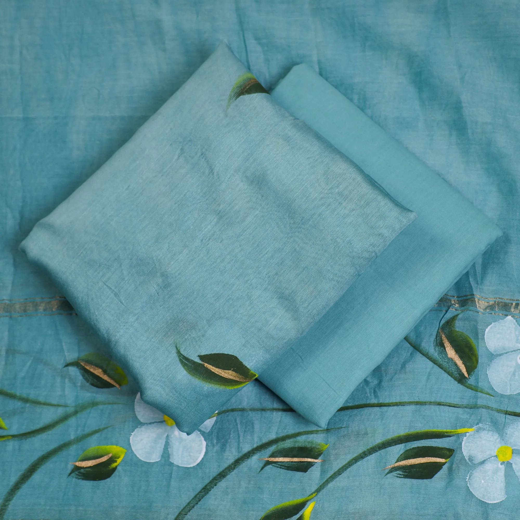 Blue - 3pc Hand Painted Chanderi Silk Suit Material Set 04