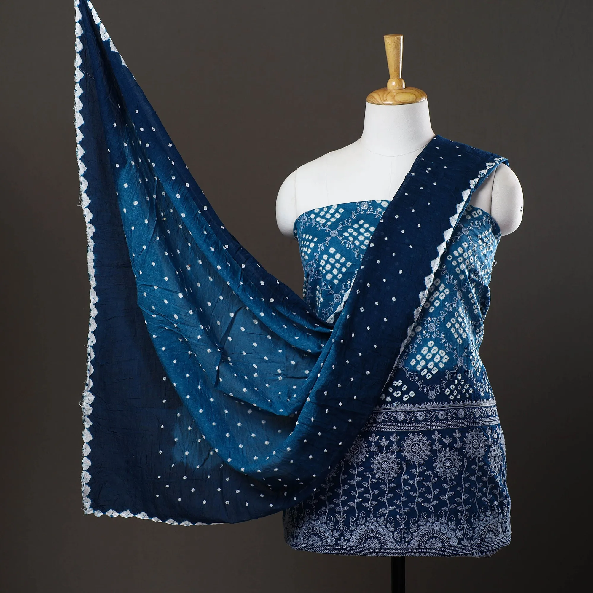 Blue - 3pc Satin Cotton Kutch Bandhani Dress Material 61