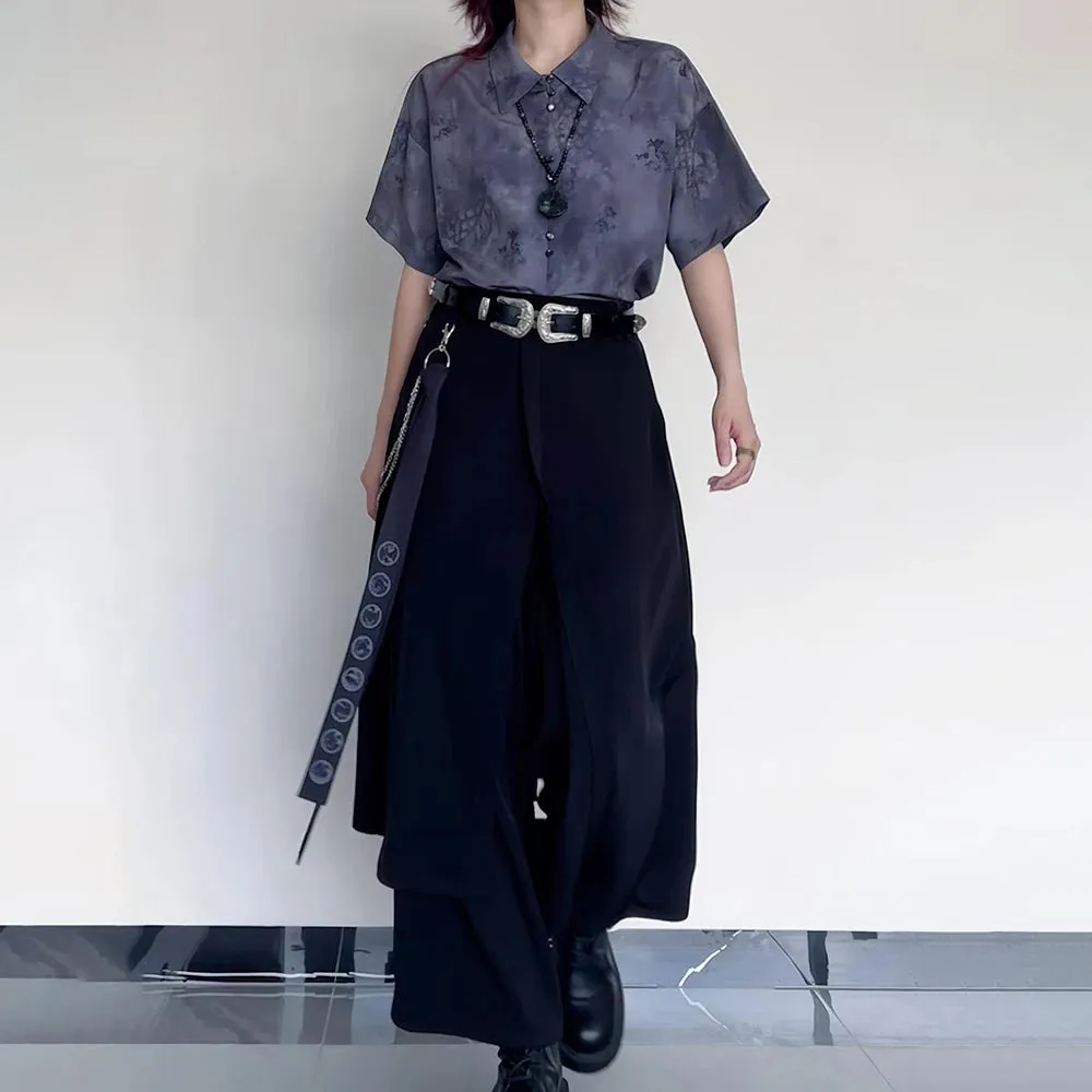 Bonsir Gothic Dark Style Culottes Ribbon Decoration Layered Hakama Genderless Streetwear Fashion Stitching Samurai Pants Unisex 2024