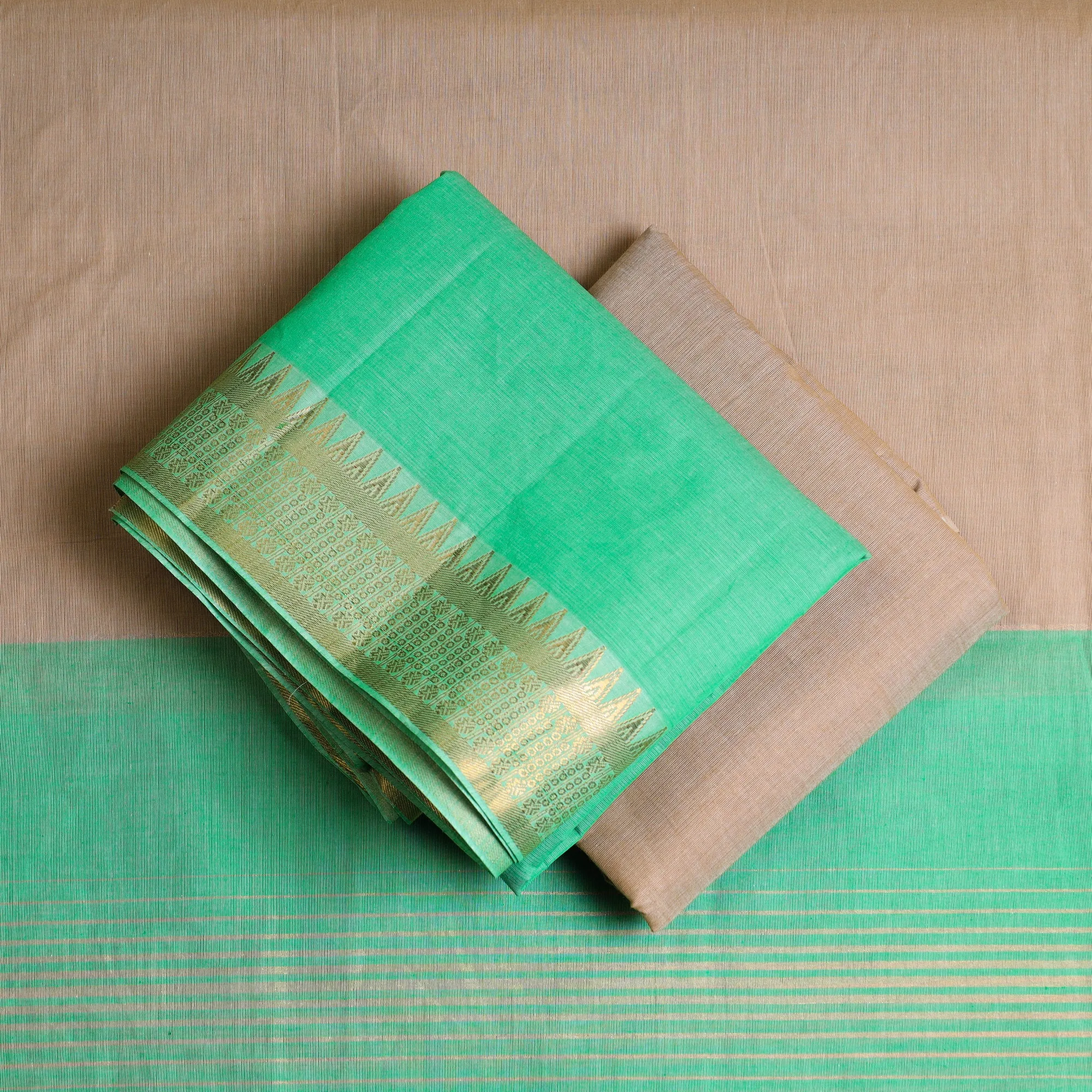 Green - 3pc Mangalagiri Handloom Cotton Suit Material Set with Zari Border