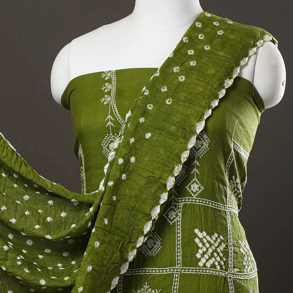 Green - 3pc Satin Cotton Kutch Bandhani Dress Material 22