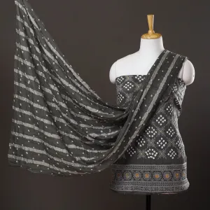 Grey - 3pc Satin Cotton Kutch Bandhani Dress Material 06