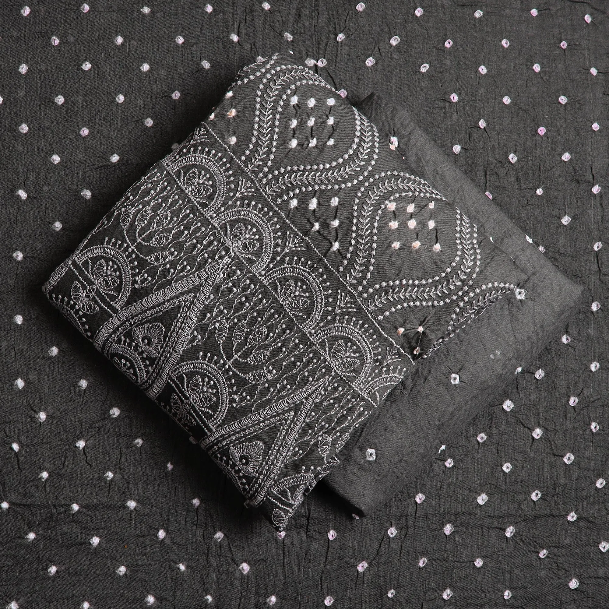 Grey - 3pc Satin Cotton Kutch Bandhani Dress Material 23
